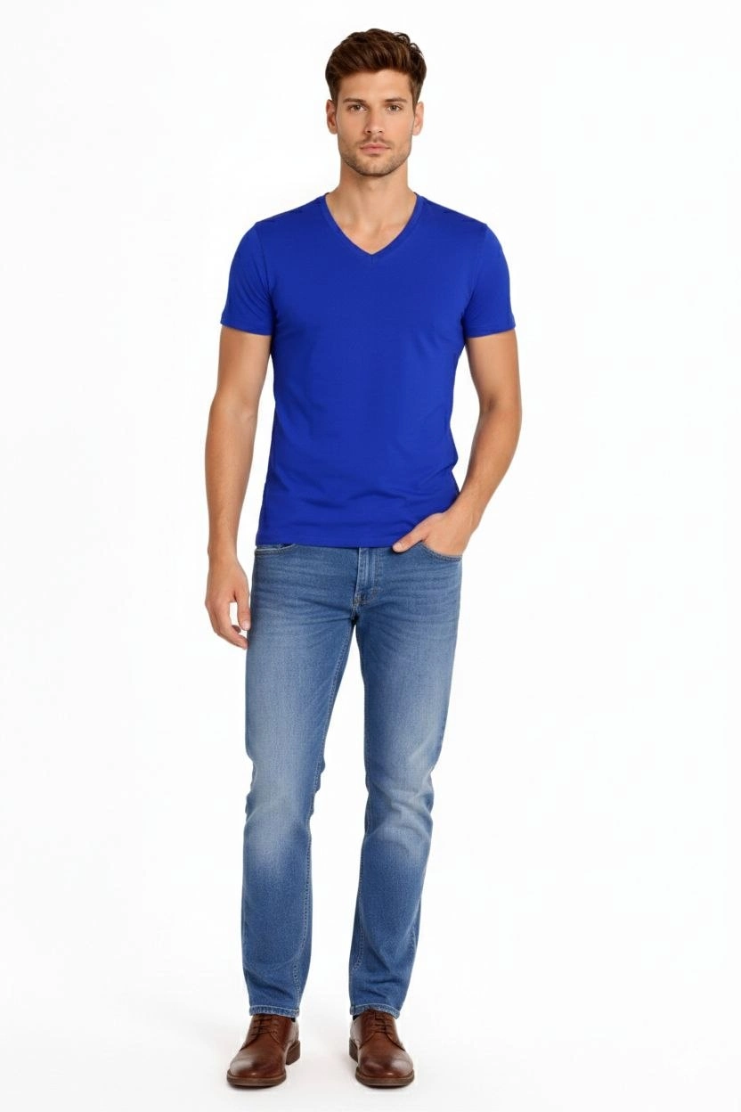 Erkek V Yaka Slim Fit dar kesim Likralı Tişört - Saks Mavisi