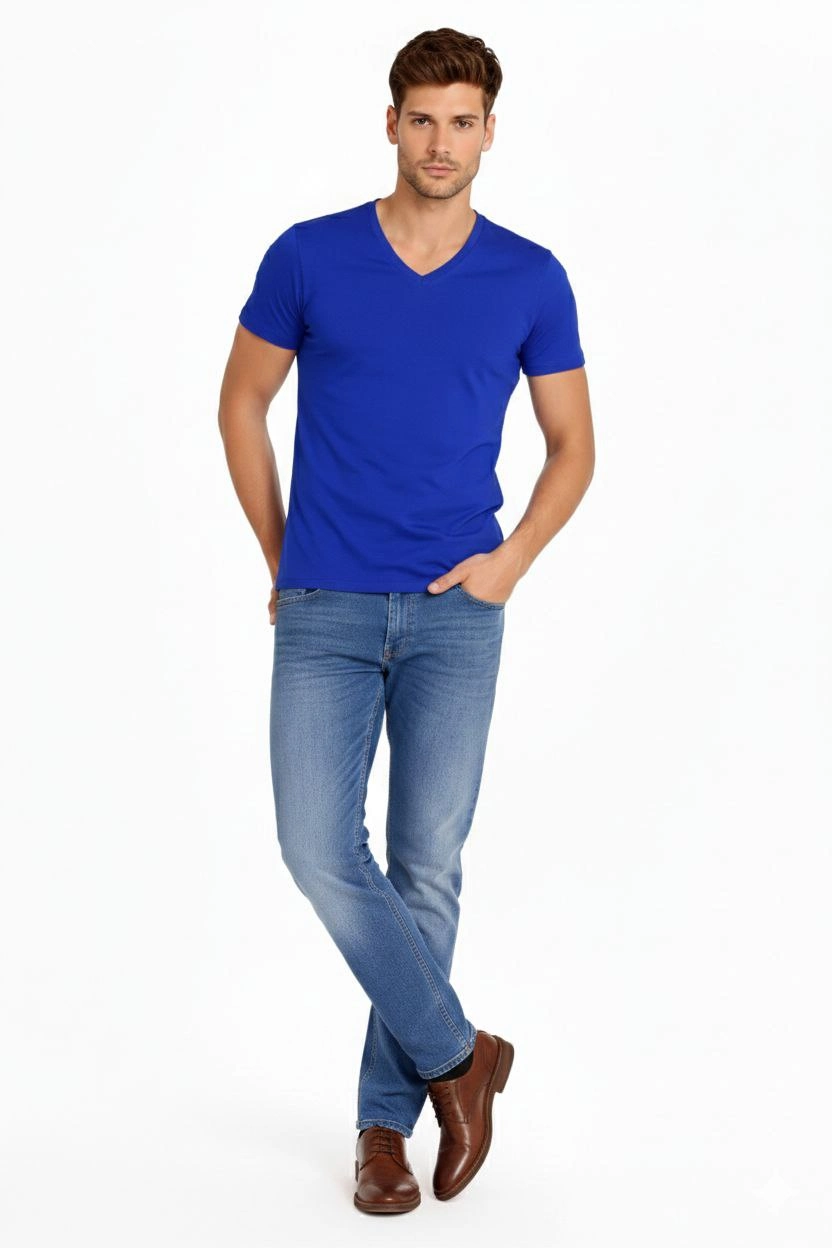 Erkek V Yaka Slim Fit dar kesim Likralı Tişört - Saks Mavisi