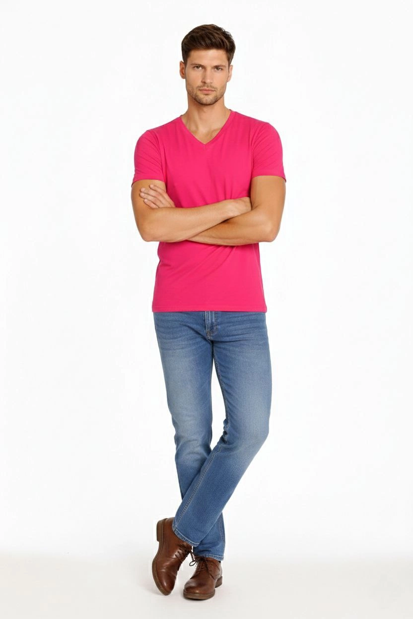Erkek V Yaka Slim Fit dar kesim Likralı Tişört - Pembe