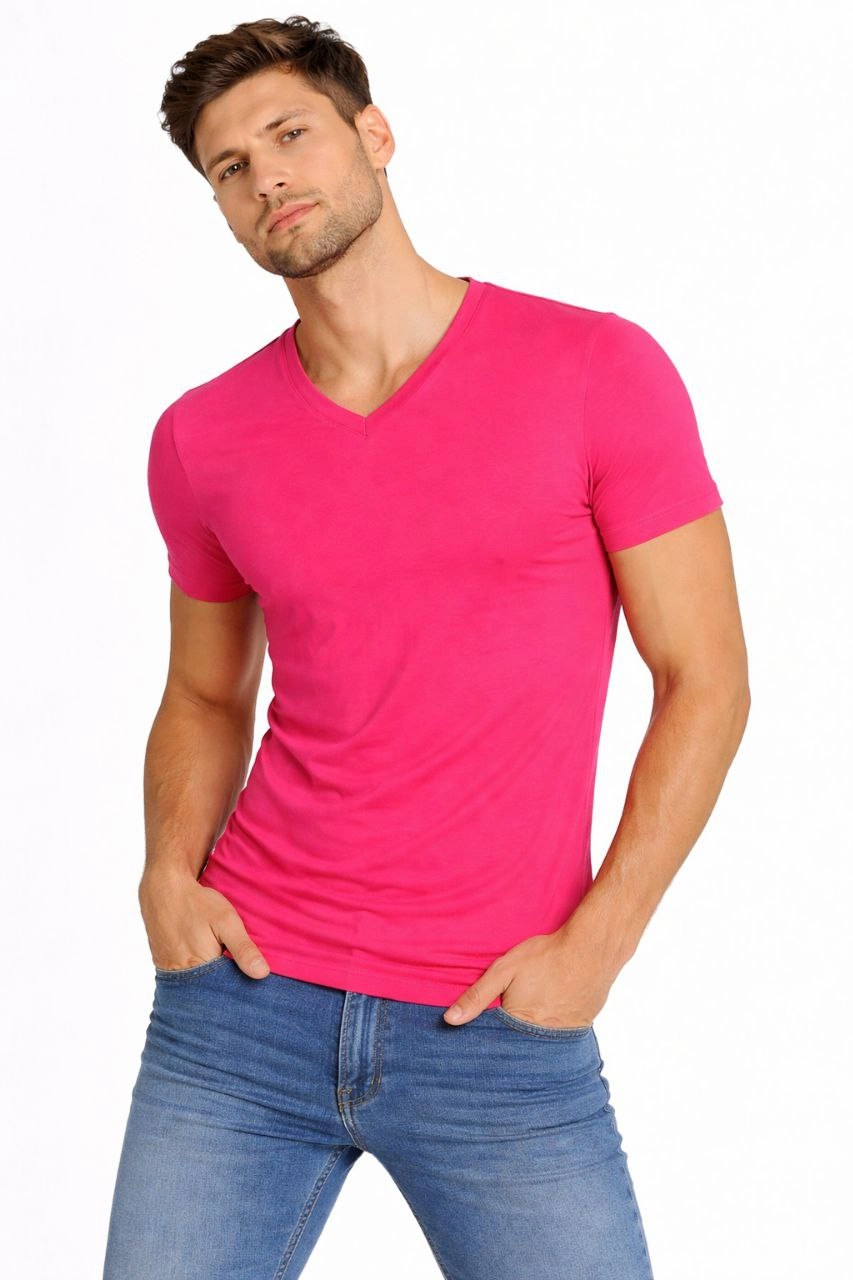Erkek V Yaka Slim Fit dar kesim Likralı Tişört - Pembe