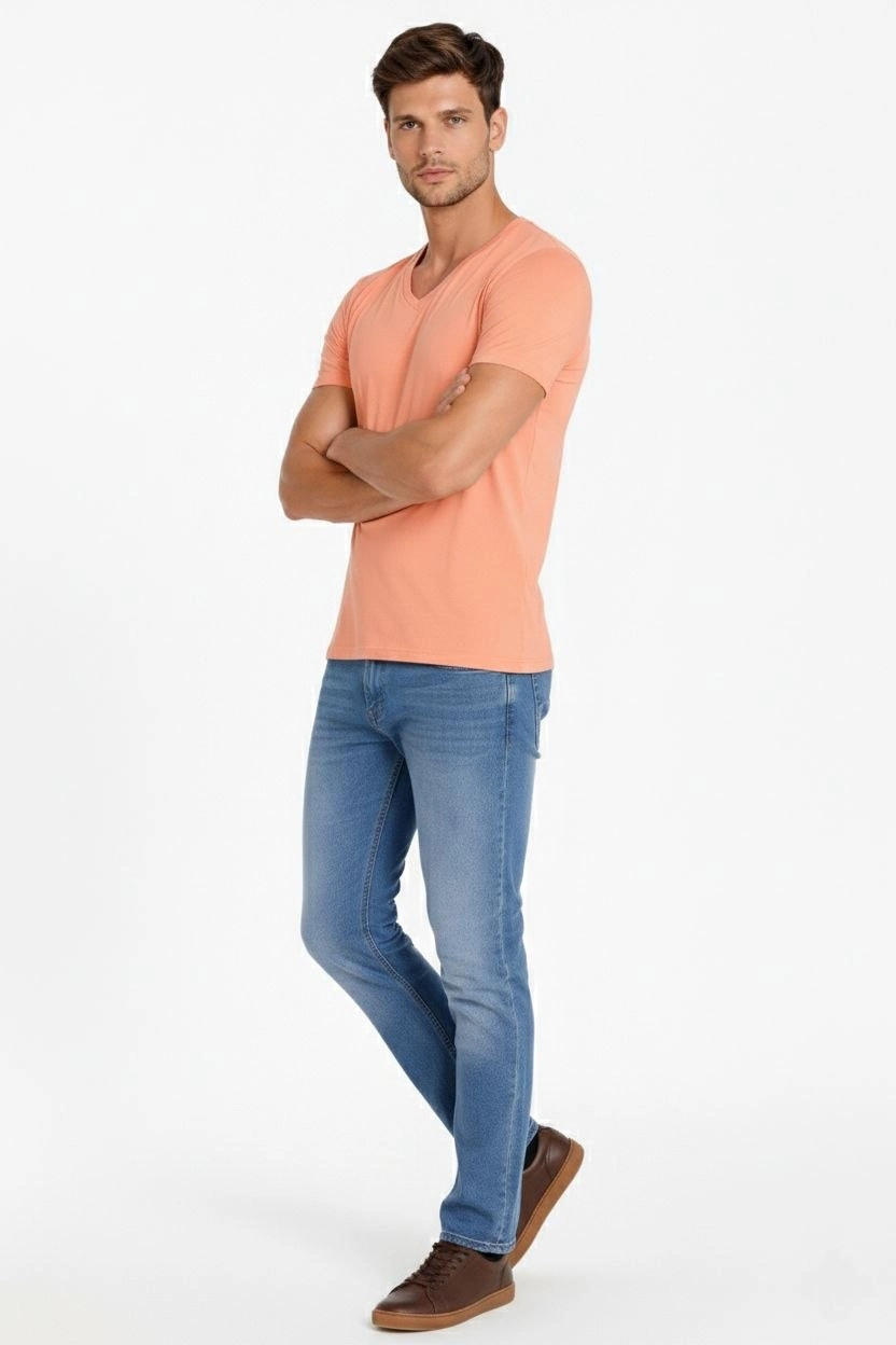 Erkek V Yaka Slim Fit dar kesim Likralı Tişört - Toz Pembe