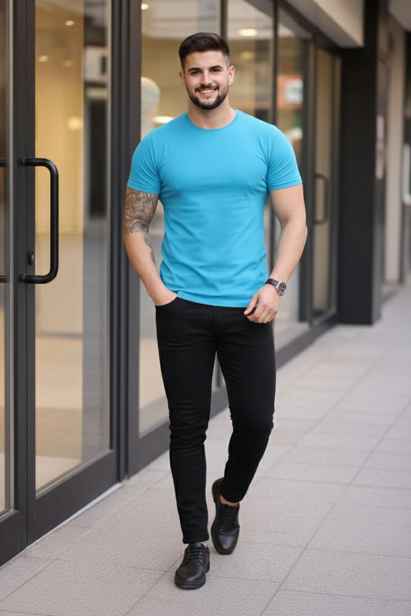 Erkek Bisiklet Yaka Slim Fit dar kesim Likralı Tişört - Açık Mavi