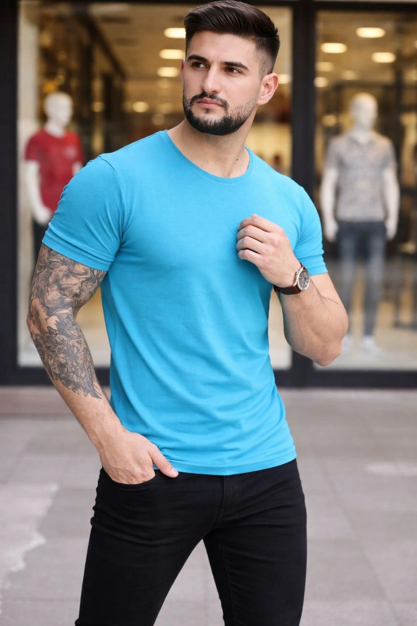 Erkek Bisiklet Yaka Slim Fit dar kesim Likralı Tişört - Açık Mavi