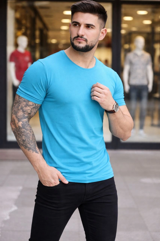 Erkek Bisiklet Yaka Slim Fit dar kesim Likralı Tişört - Açık Mavi