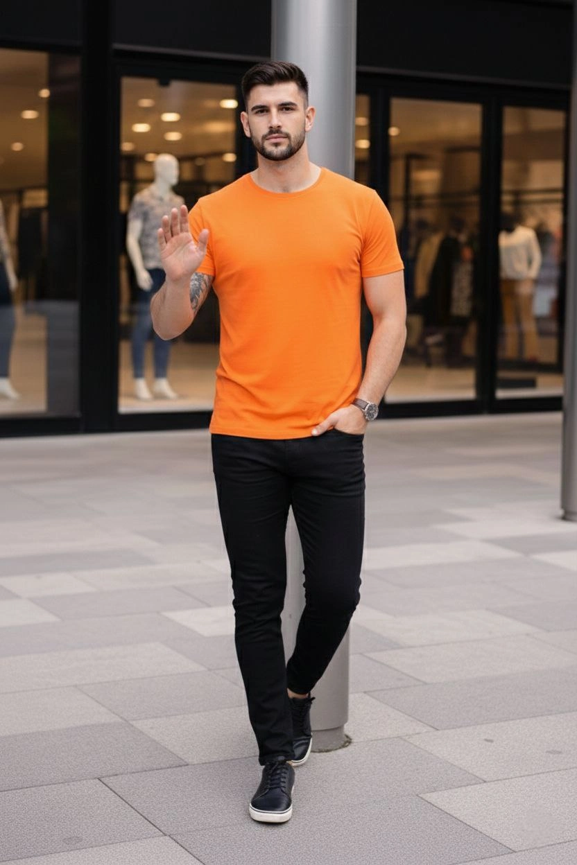 Erkek Bisiklet Yaka Slim Fit dar kesim Likralı Tişört - Turuncu