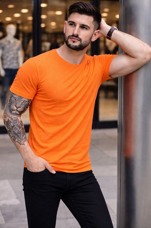 Erkek Bisiklet Yaka Slim Fit dar kesim Likralı Tişört - Turuncu
