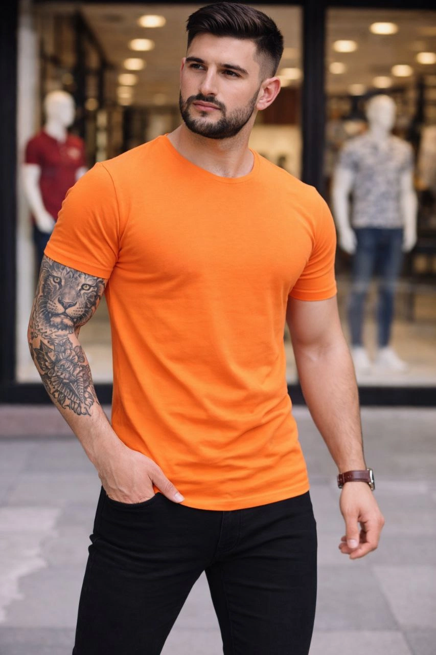 Erkek Bisiklet Yaka Slim Fit dar kesim Likralı Tişört - Turuncu