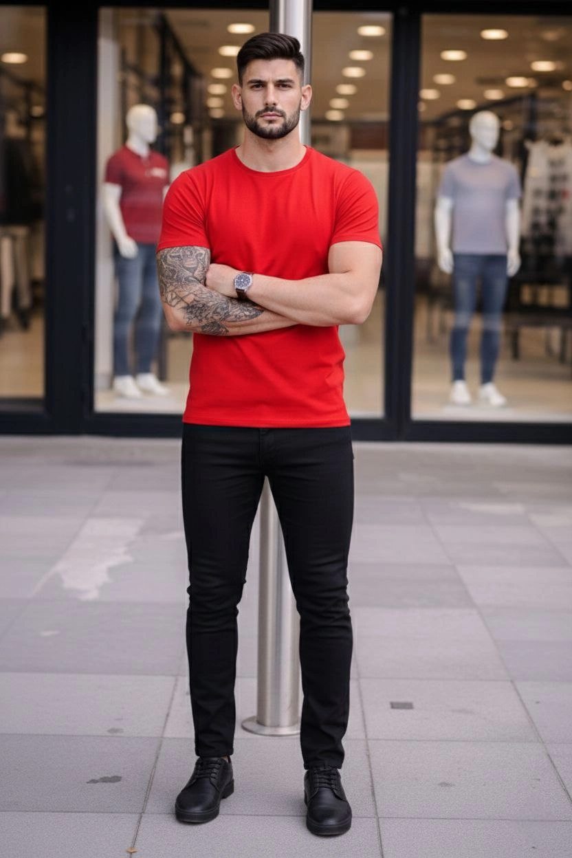 Erkek Bisiklet Yaka Slim Fit dar kesim Likralı Tişört - Kırmızı