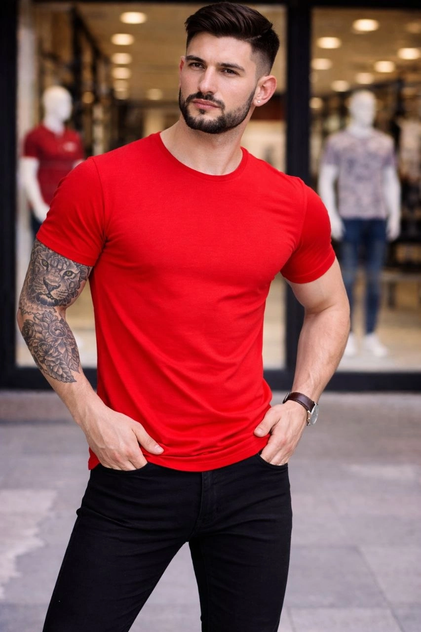 Erkek Bisiklet Yaka Slim Fit dar kesim Likralı Tişört - Kırmızı