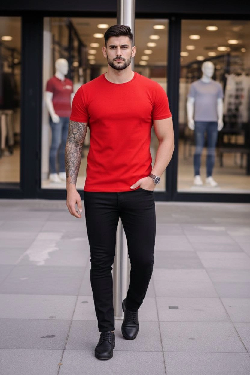 Erkek Bisiklet Yaka Slim Fit dar kesim Likralı Tişört - Kırmızı