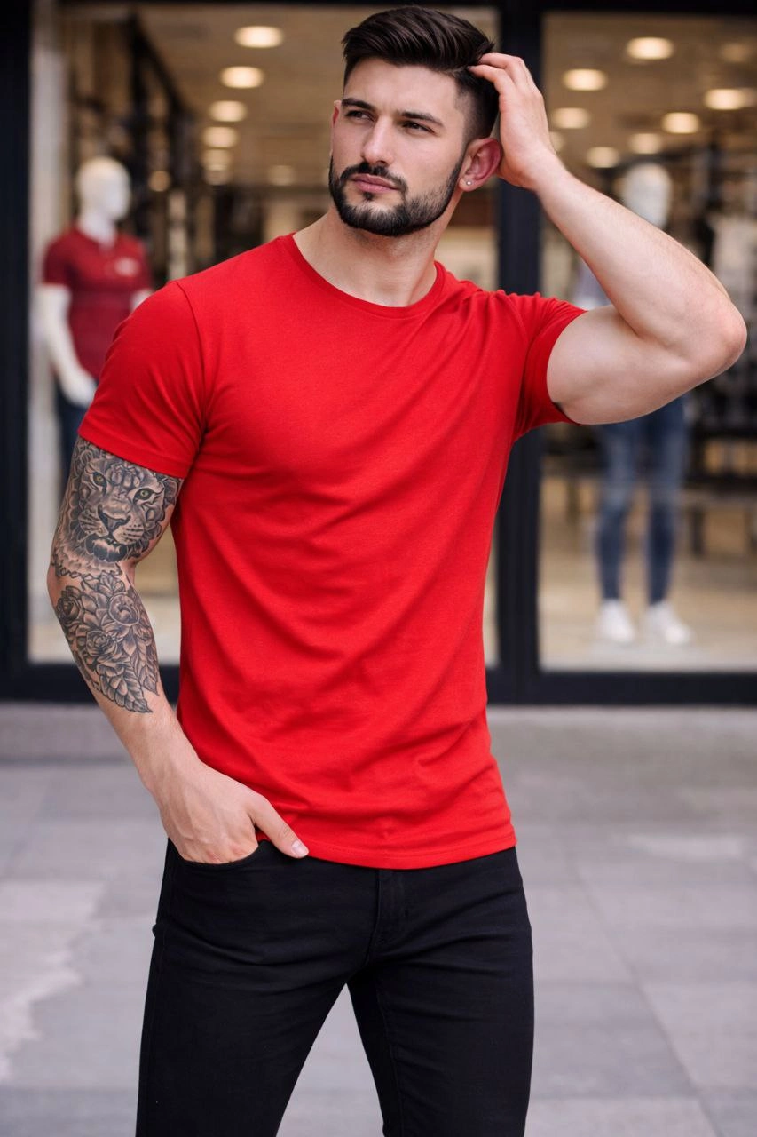 Erkek Bisiklet Yaka Slim Fit dar kesim Likralı Tişört - Kırmızı