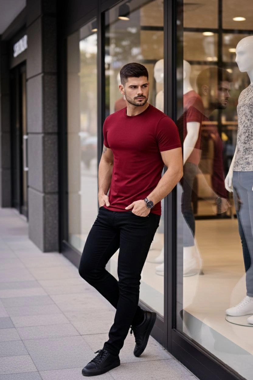 Erkek Bisiklet Yaka Slim Fit dar kesim Likralı Tişört - Bordo