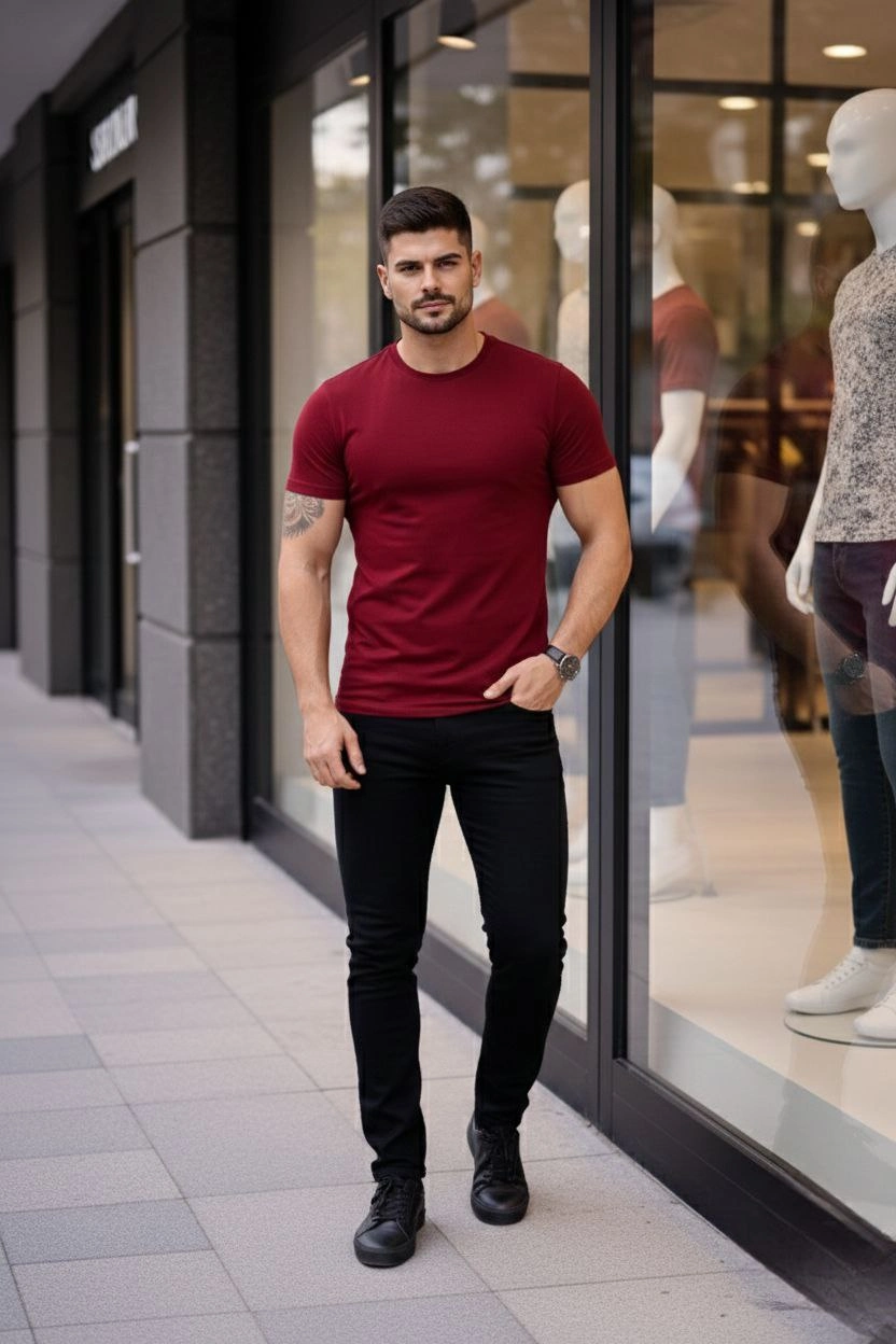 Erkek Bisiklet Yaka Slim Fit dar kesim Likralı Tişört - Bordo