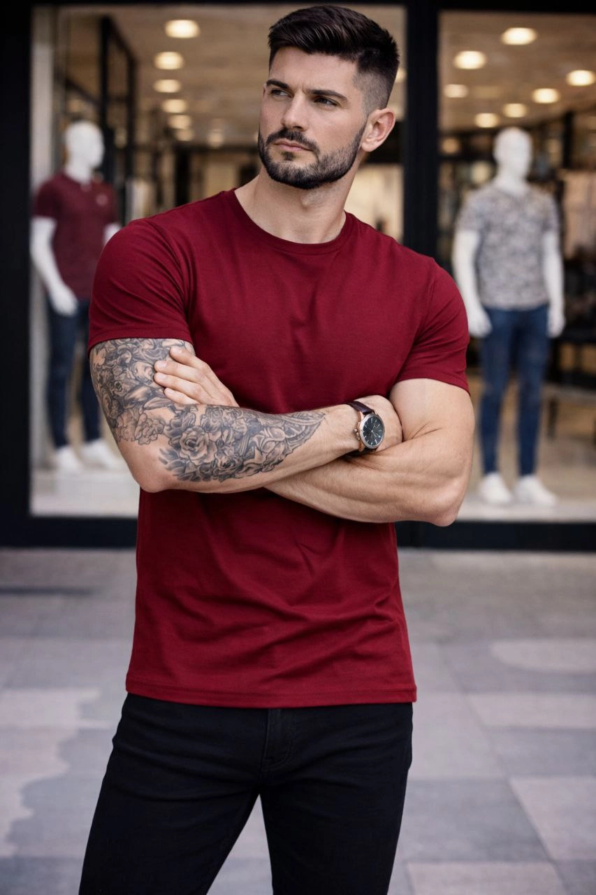 Erkek Bisiklet Yaka Slim Fit dar kesim Likralı Tişört - Bordo