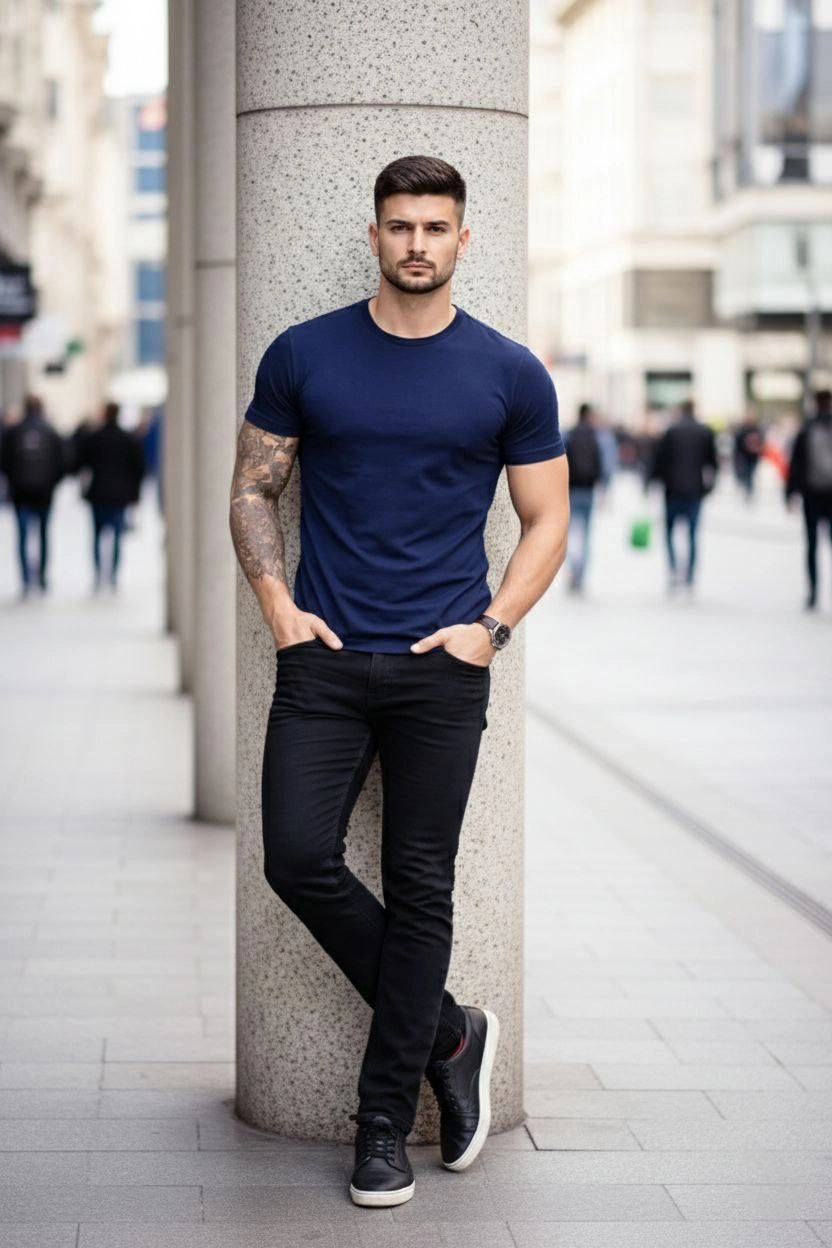 Erkek Bisiklet Yaka Slim Fit dar kesim Likralı Tişört - Lacivert