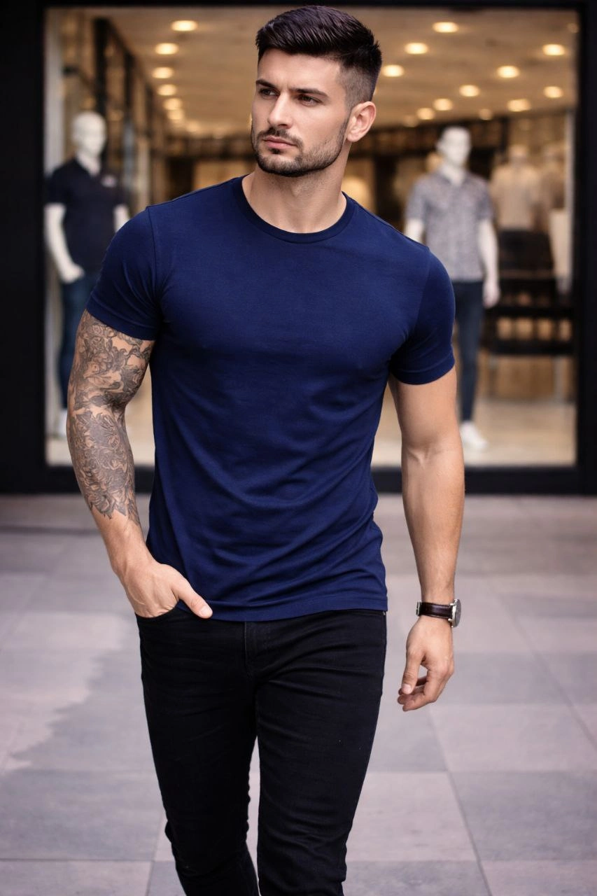 Erkek Bisiklet Yaka Slim Fit dar kesim Likralı Tişört - Lacivert
