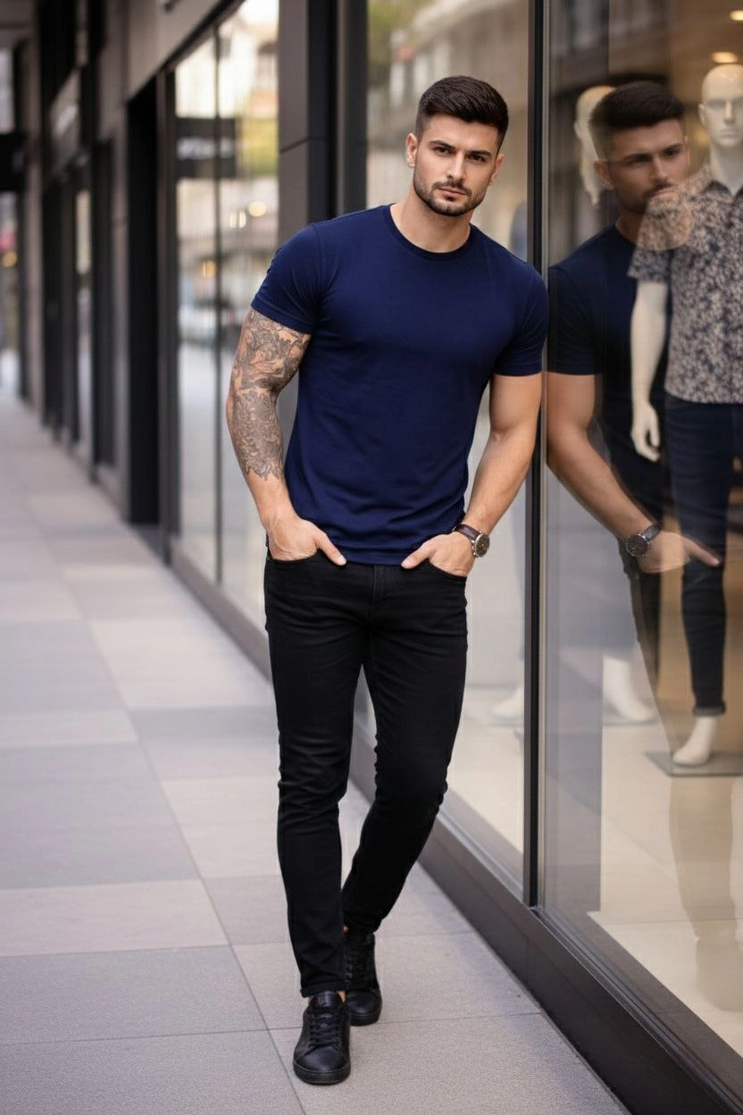 Erkek Bisiklet Yaka Slim Fit dar kesim Likralı Tişört - Lacivert