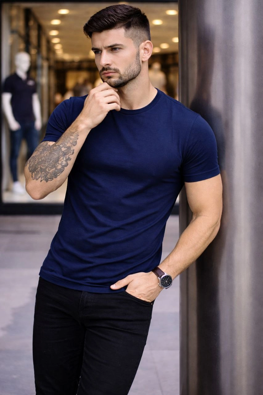 Erkek Bisiklet Yaka Slim Fit dar kesim Likralı Tişört - Lacivert