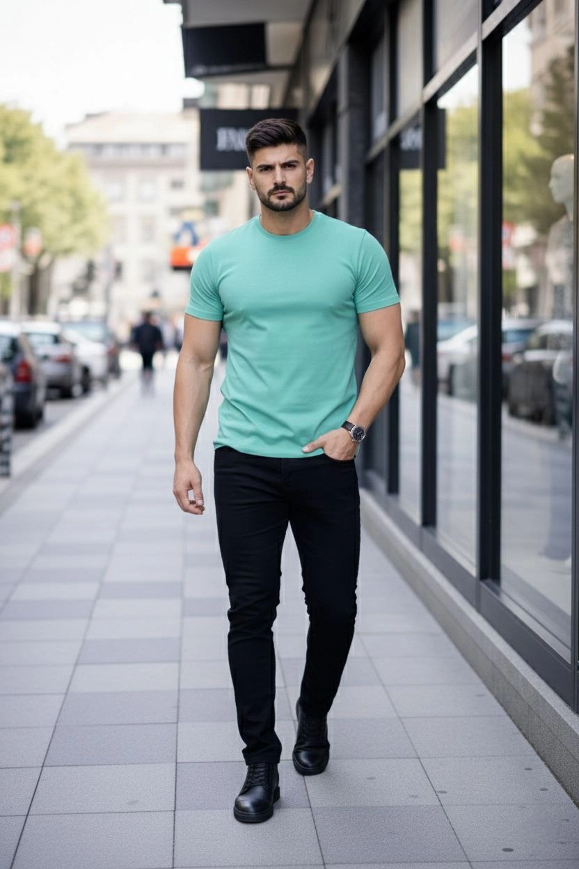 Erkek Bisiklet Yaka Slim Fit dar kesim Likralı Tişört - Turkuvaz