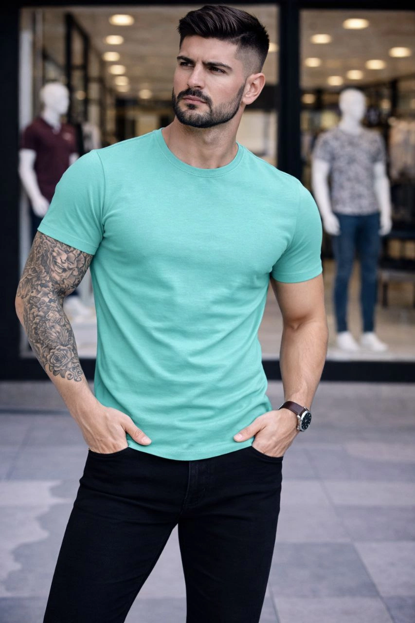 Erkek Bisiklet Yaka Slim Fit dar kesim Likralı Tişört - Turkuvaz