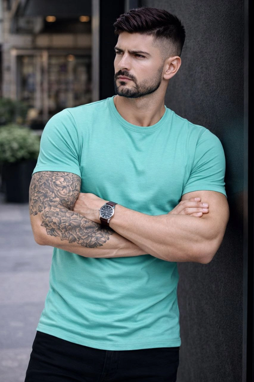 Erkek Bisiklet Yaka Slim Fit dar kesim Likralı Tişört - Turkuvaz