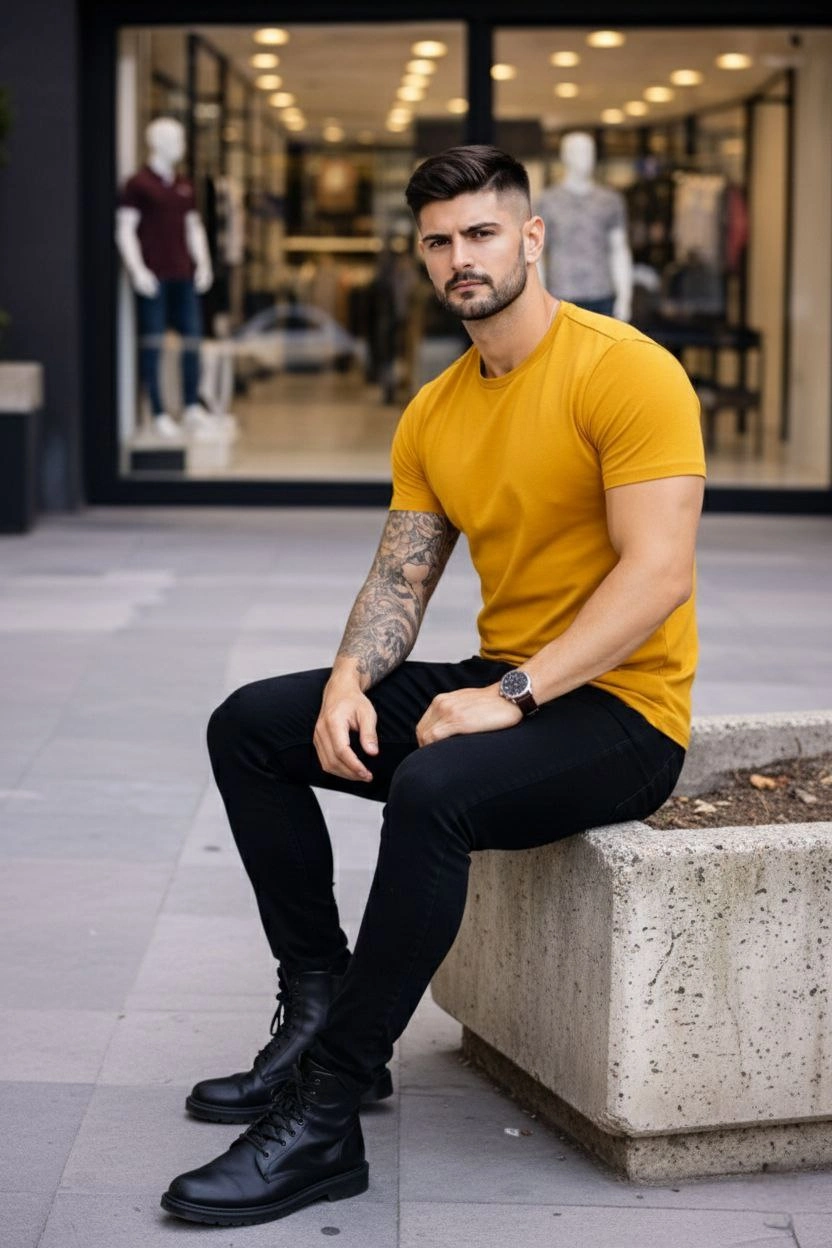Erkek Bisiklet Yaka Slim Fit dar kesim Likralı Tişört - Limon