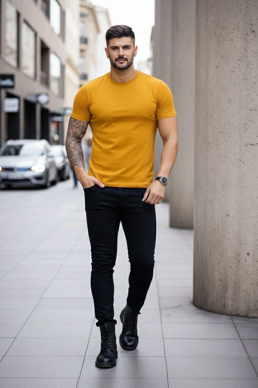 Erkek Bisiklet Yaka Slim Fit dar kesim Likralı Tişört - Limon