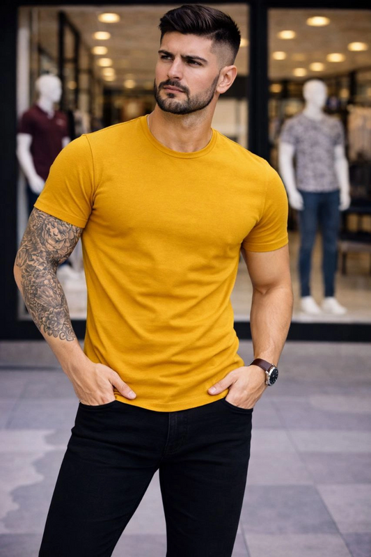 Erkek Bisiklet Yaka Slim Fit dar kesim Likralı Tişört - Limon