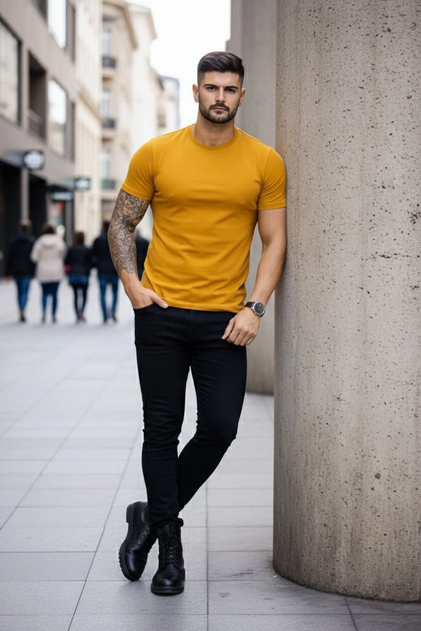 Erkek Bisiklet Yaka Slim Fit dar kesim Likralı Tişört - Limon