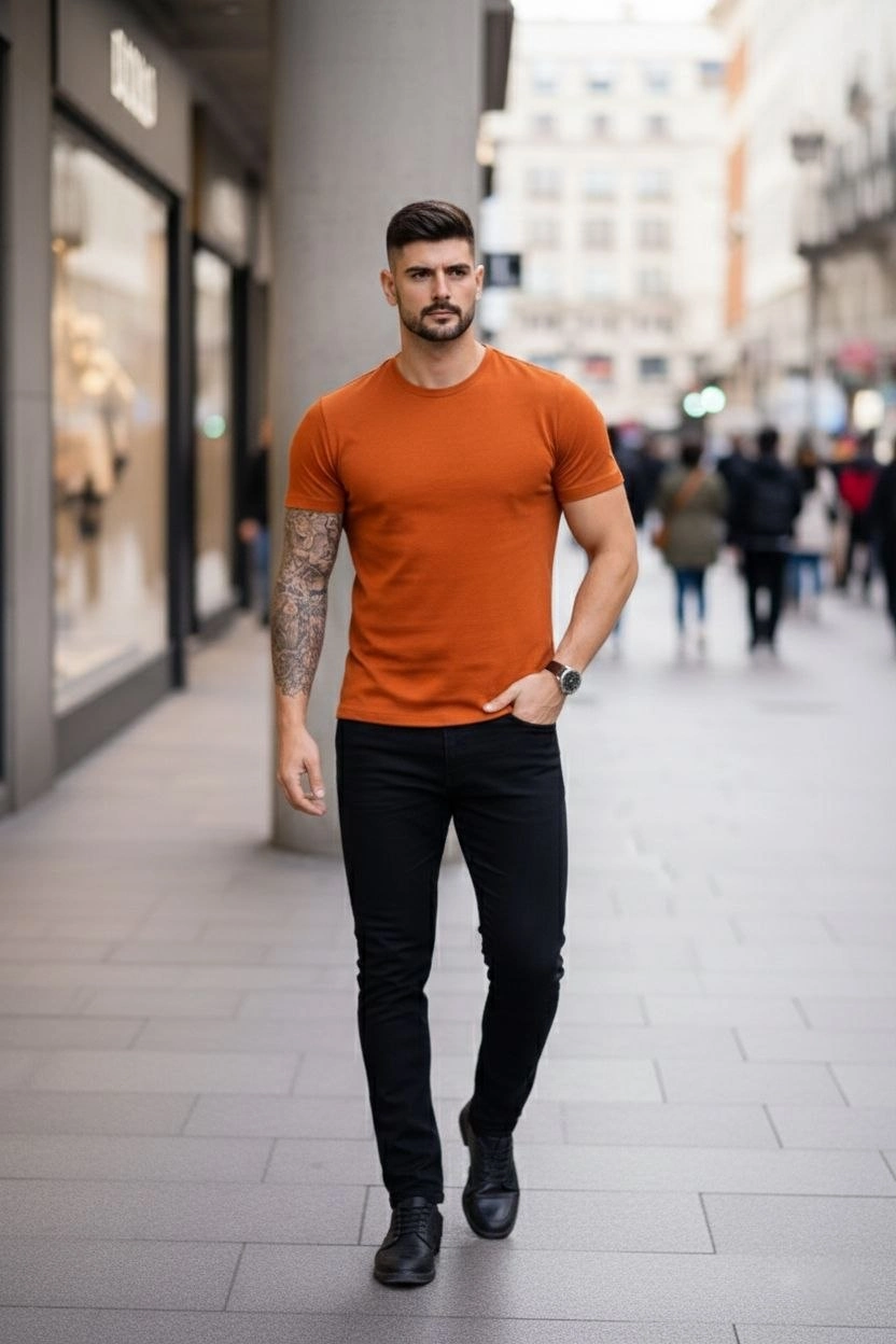 Erkek Bisiklet Yaka Slim Fit dar kesim Likralı Tişört - Koyu Turuncu