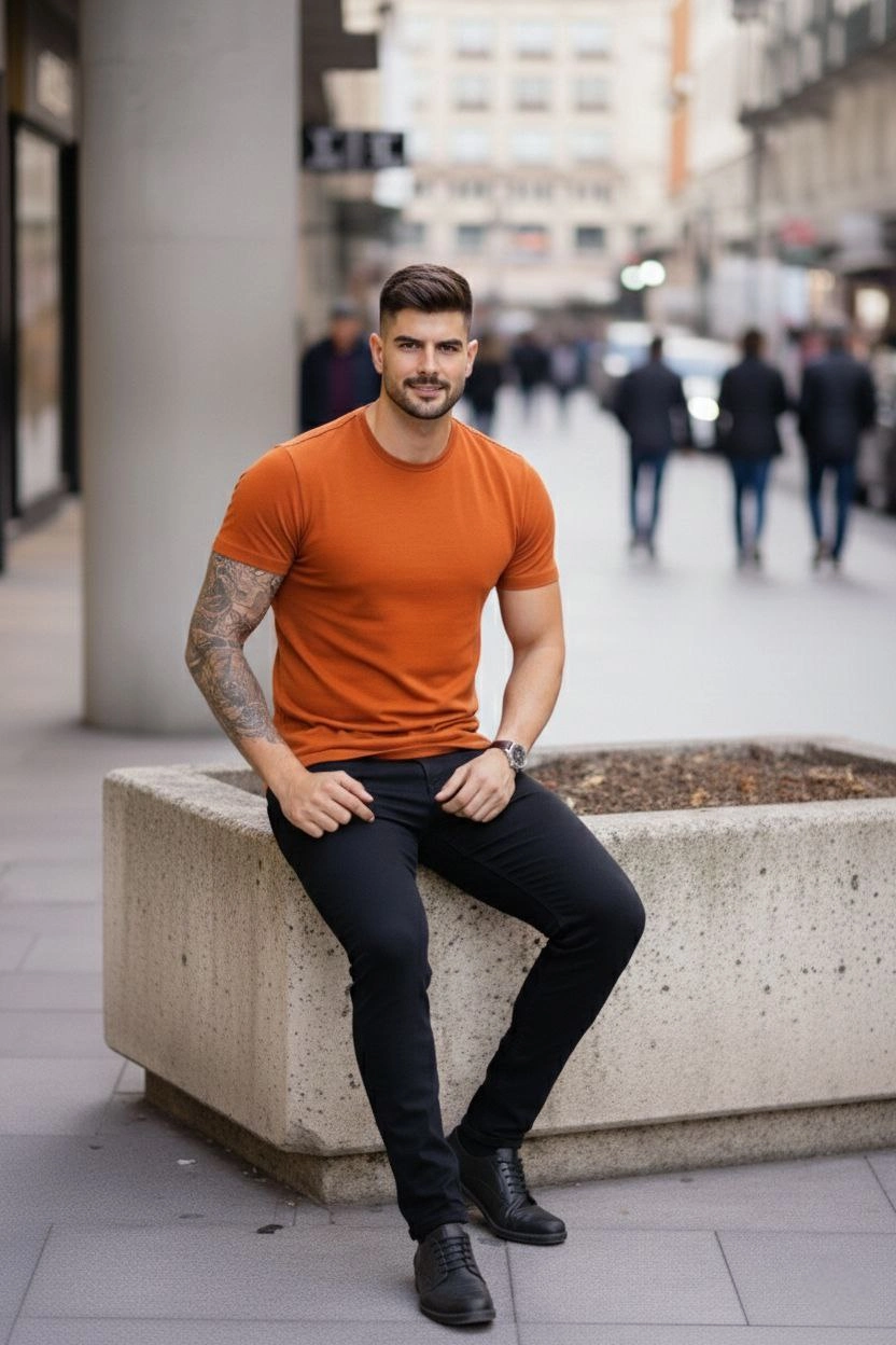 Erkek Bisiklet Yaka Slim Fit dar kesim Likralı Tişört - Koyu Turuncu