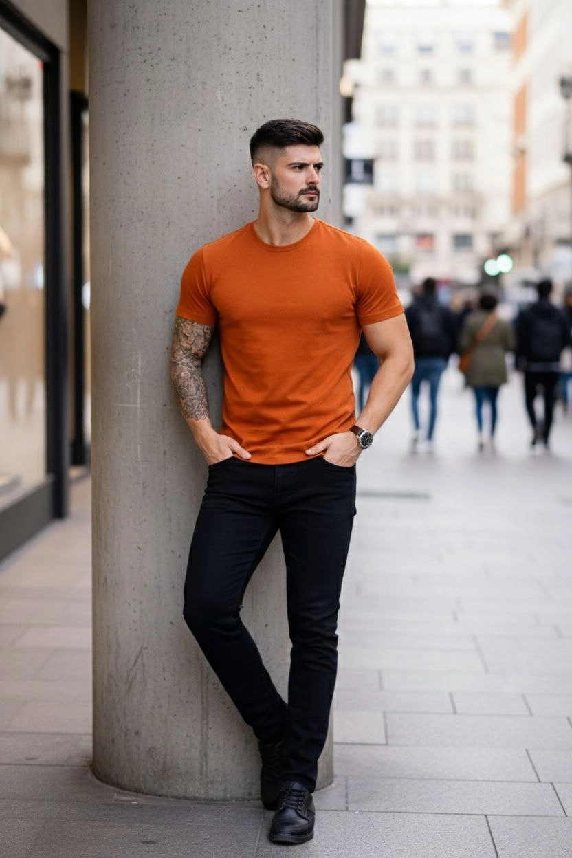 Erkek Bisiklet Yaka Slim Fit dar kesim Likralı Tişört - Koyu Turuncu