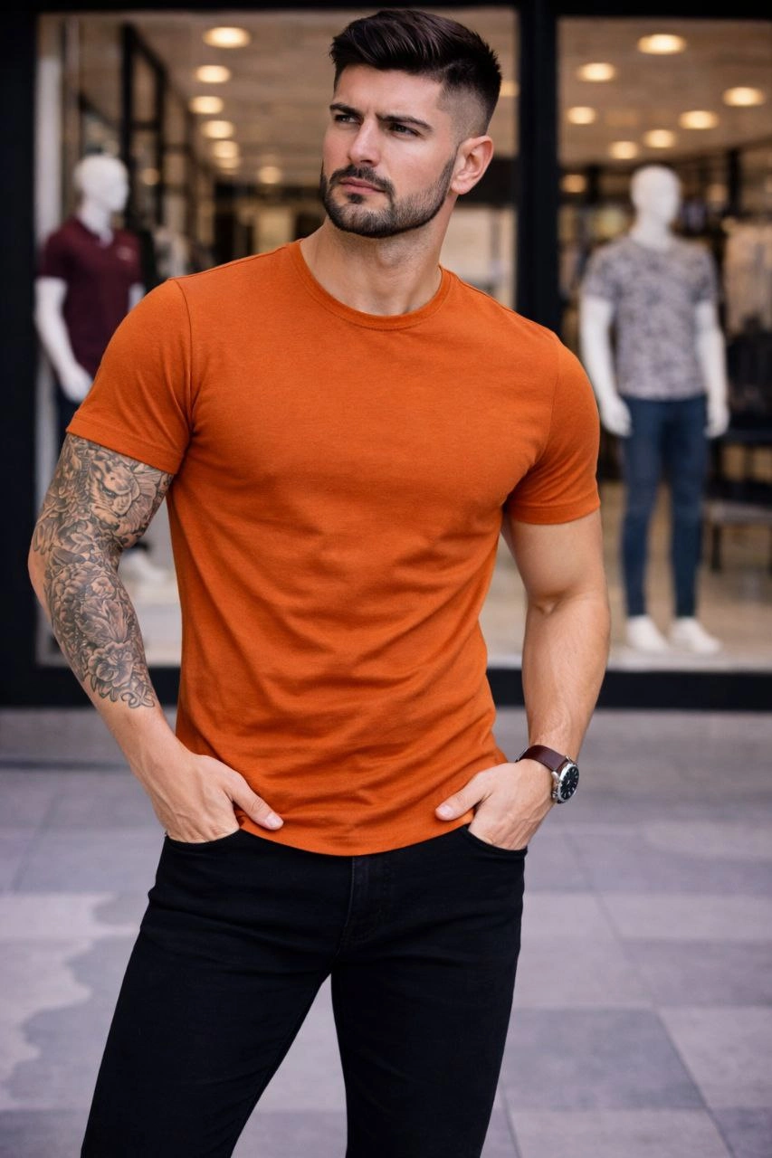 Erkek Bisiklet Yaka Slim Fit dar kesim Likralı Tişört - Koyu Turuncu