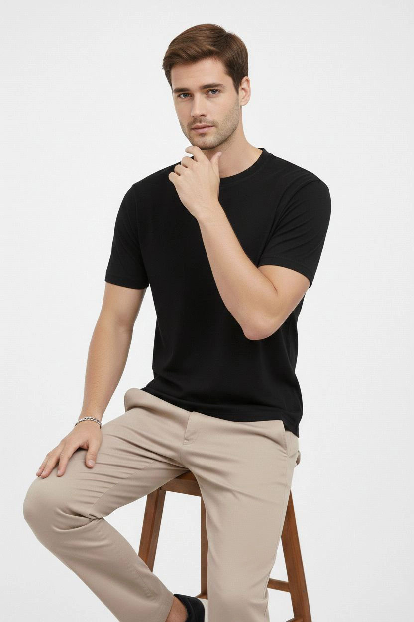 Erkek Bisiklet Yaka Tişört Regular Kalıp Basic Pamuklu Günlük Kullanım T-shirt - Siyah
