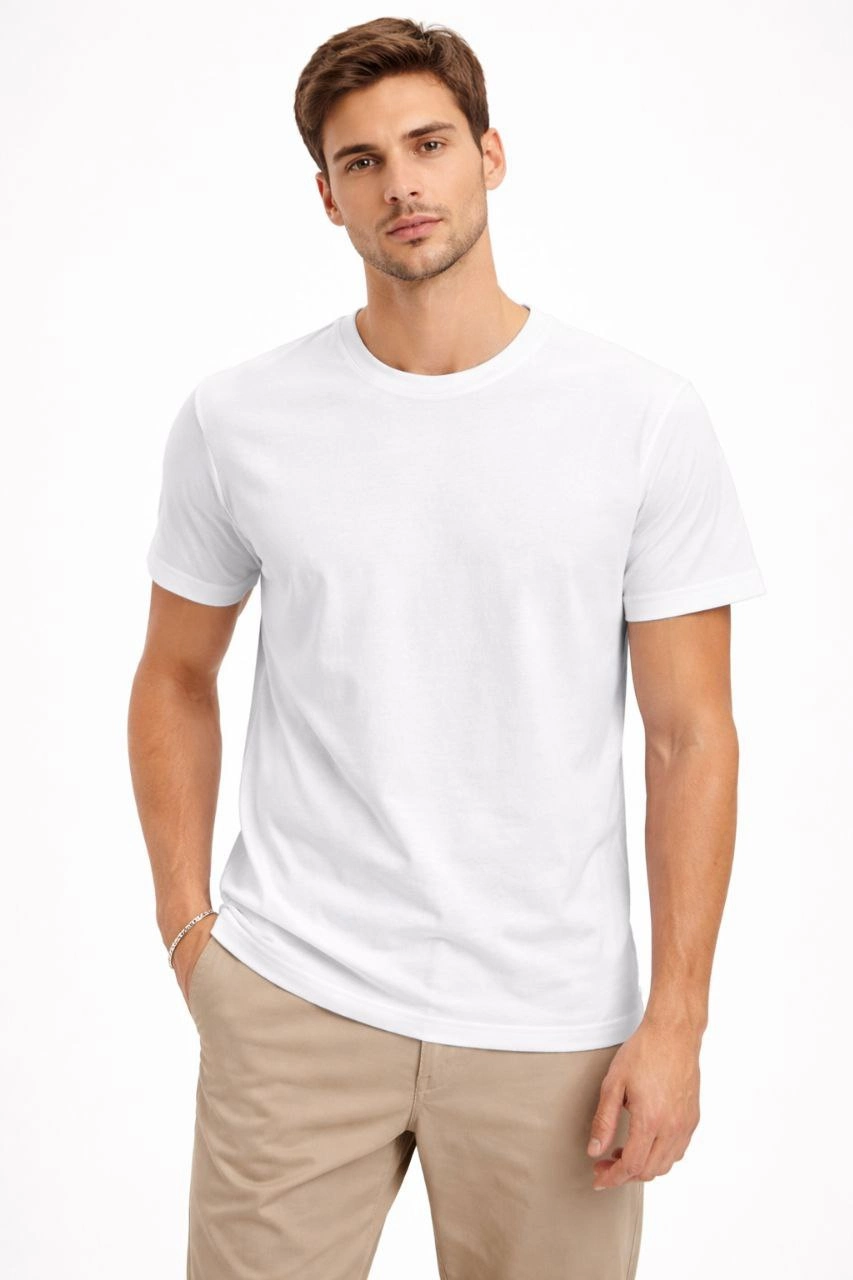 Erkek Bisiklet Yaka Tişört Regular Kalıp Basic Pamuklu Günlük Kullanım T-shirt - Beyaz