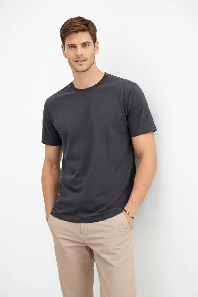 Erkek Bisiklet Yaka Tişört Regular Kalıp Basic Pamuklu  T-shirt - Füme