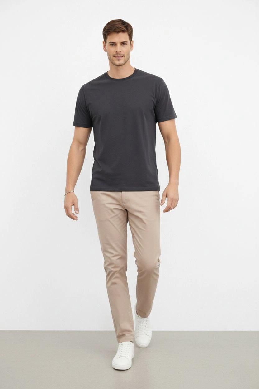 Erkek Bisiklet Yaka Tişört Regular Kalıp Basic Pamuklu  T-shirt - Füme
