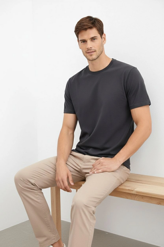 Erkek Bisiklet Yaka Tişört Regular Kalıp Basic Pamuklu  T-shirt - Füme