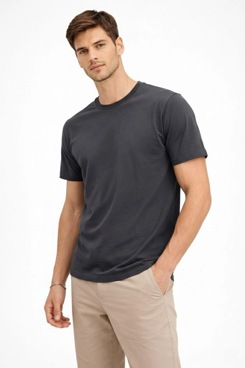 Erkek Bisiklet Yaka Tişört Regular Kalıp Basic Pamuklu  T-shirt - Füme