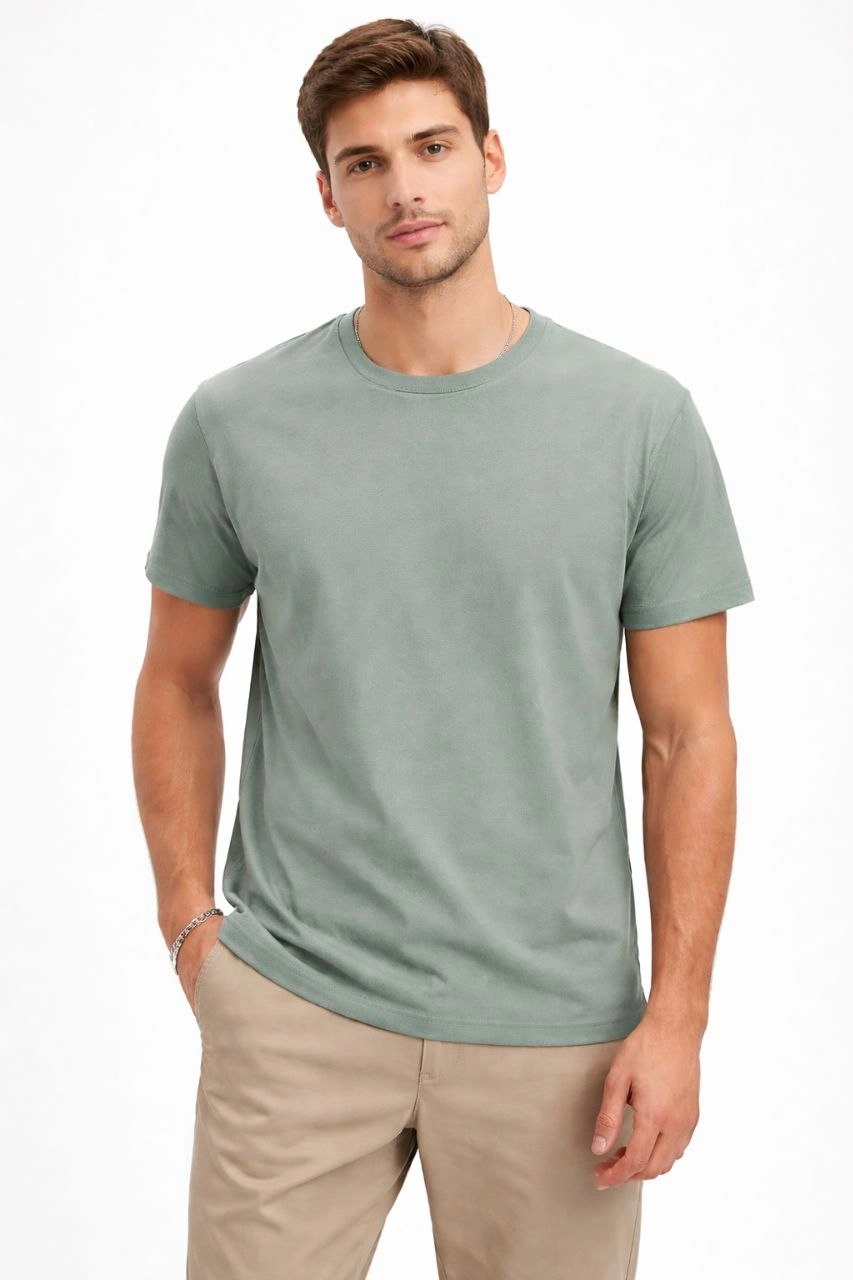 Erkek Bisiklet Yaka Tişört Regular Kalıp Basic Pamuklu Günlük Kullanım T-shirt - Mint Yeşili