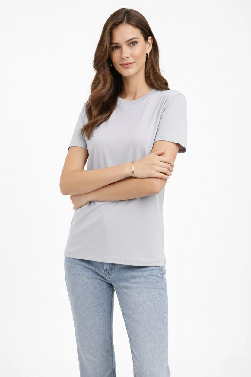 Kadın Bisiklet Yaka Tişört  Regular Kalıp Basic Pamuklu  Günlük Kullanım  T-shirt - Gri