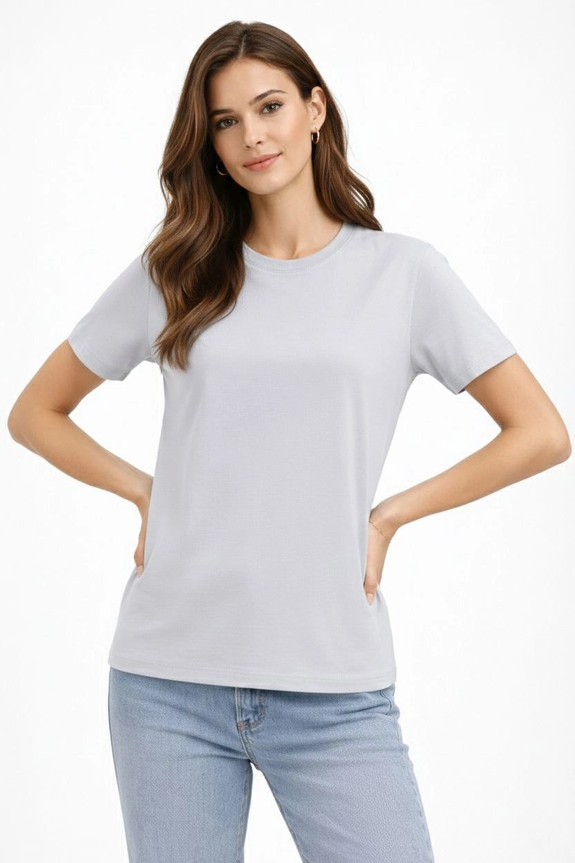 Kadın Bisiklet Yaka Tişört  Regular Kalıp Basic Pamuklu  Günlük Kullanım  T-shirt - Gri