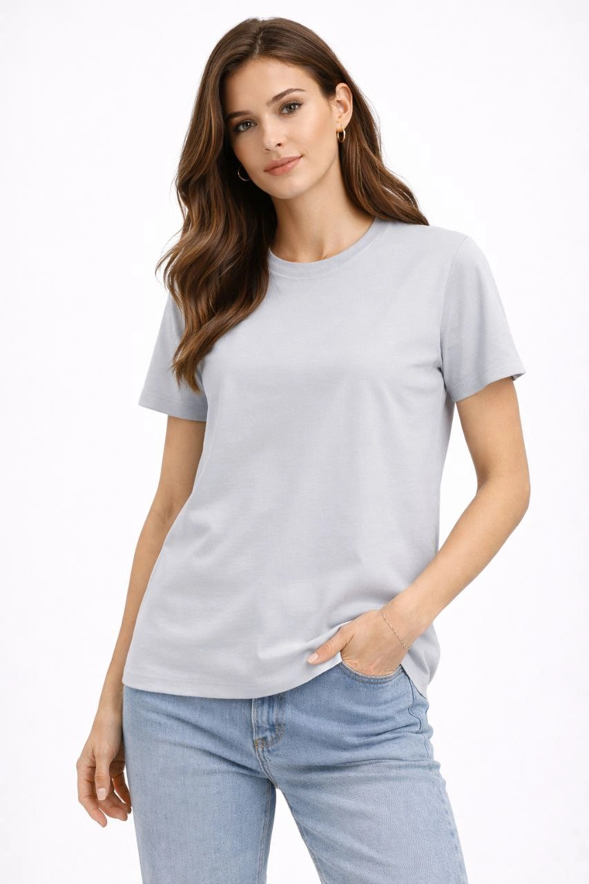 Kadın Bisiklet Yaka Tişört  Regular Kalıp Basic Pamuklu  Günlük Kullanım  T-shirt - Gri
