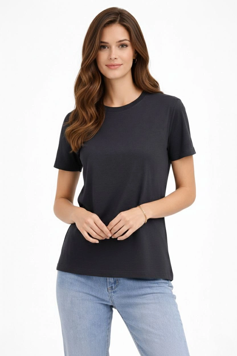 Kadın Bisiklet Yaka Tişört Regular Kalıp Basic Pamuklu Günlük Kullanım T-shirt - Füme