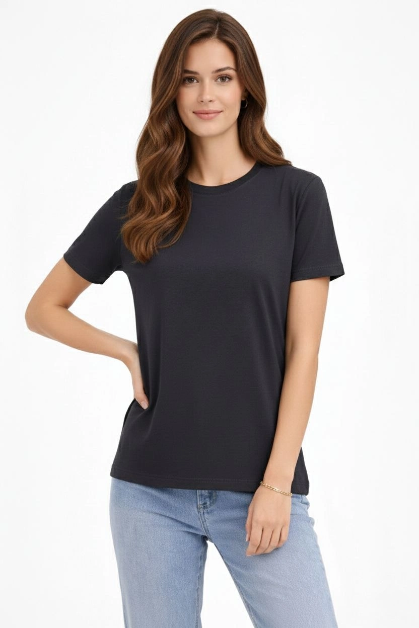 Kadın Bisiklet Yaka Tişört Regular Kalıp Basic Pamuklu Günlük Kullanım T-shirt - Füme