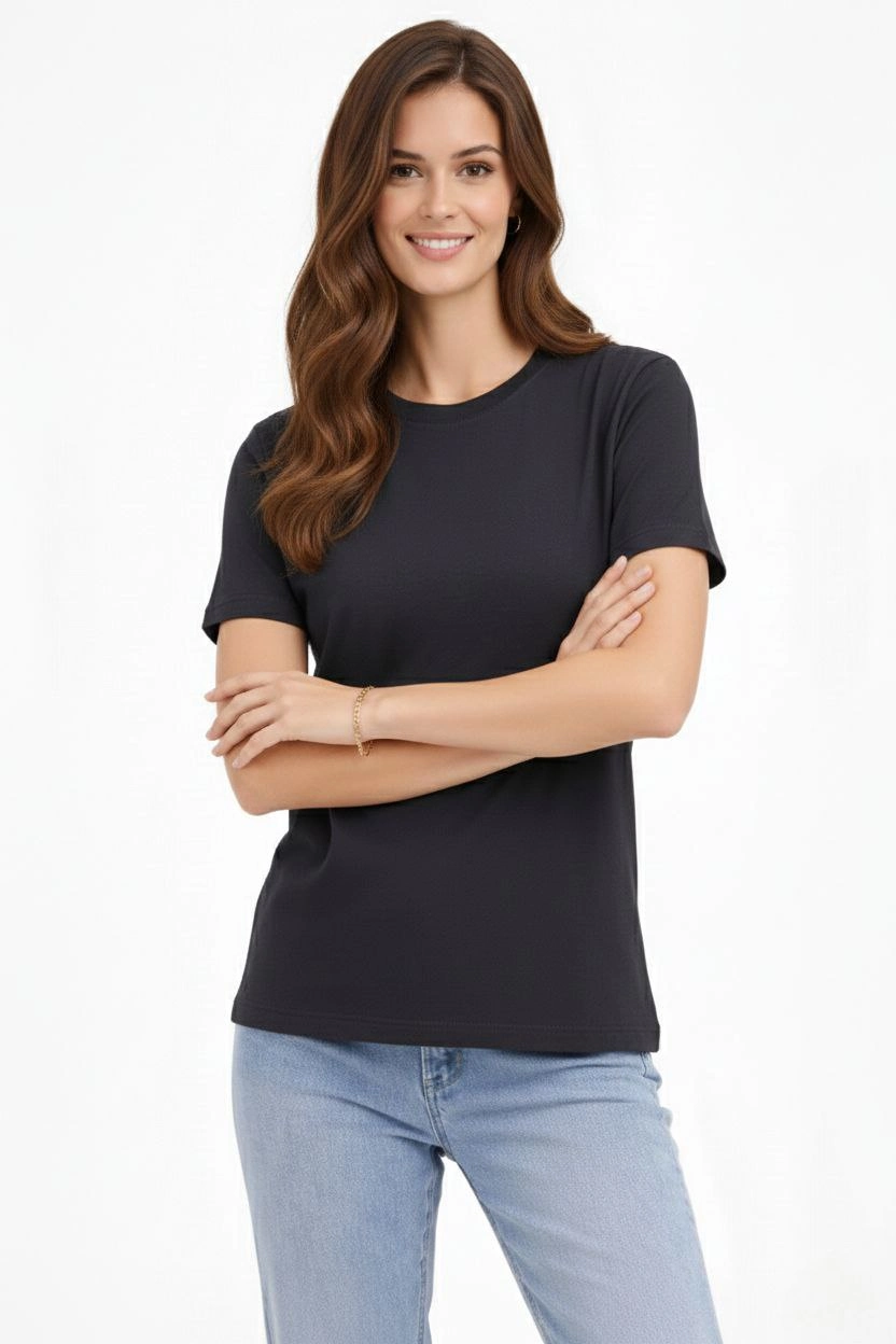 Kadın Bisiklet Yaka Tişört Regular Kalıp Basic Pamuklu Günlük Kullanım T-shirt - Füme