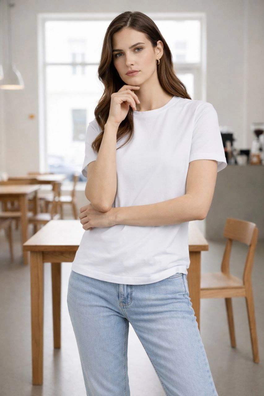 Kadın Bisiklet Yaka Tişört Regular Kalıp Basic Pamuklu Günlük Kullanım T-shirt - Beyaz