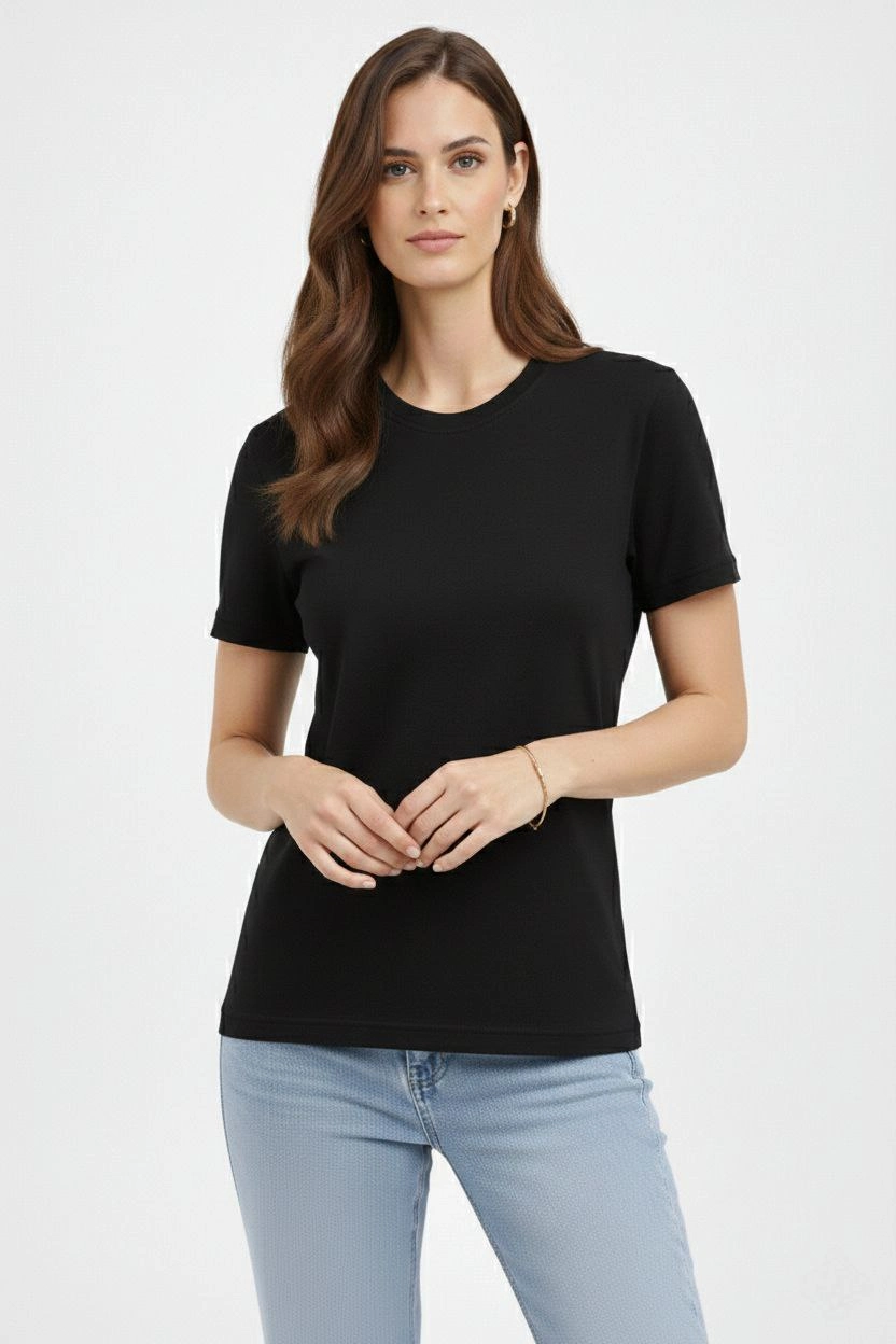 Kadın Bisiklet Yaka Tişört Regular Kalıp Basic Pamuklu Günlük Kullanım T-shirt - Siyah