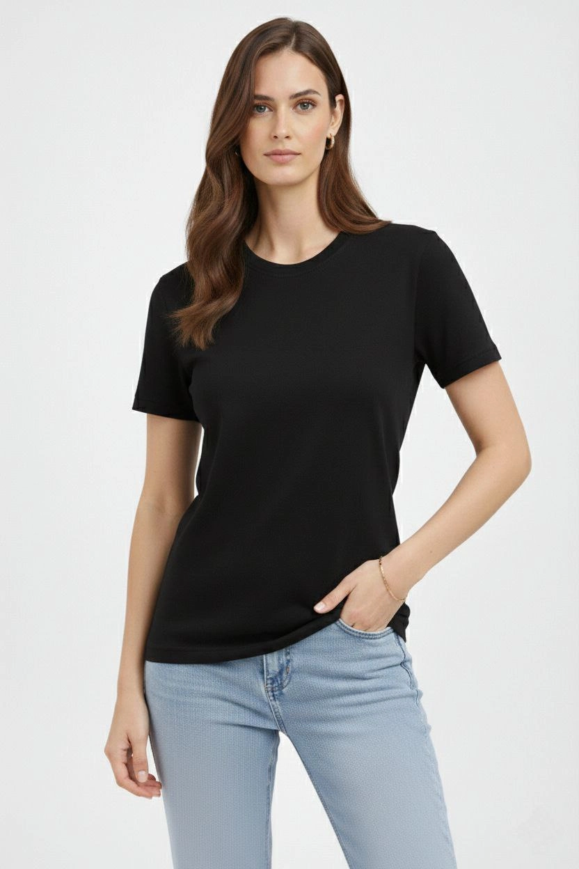 Kadın Bisiklet Yaka Tişört Regular Kalıp Basic Pamuklu Günlük Kullanım T-shirt - Siyah