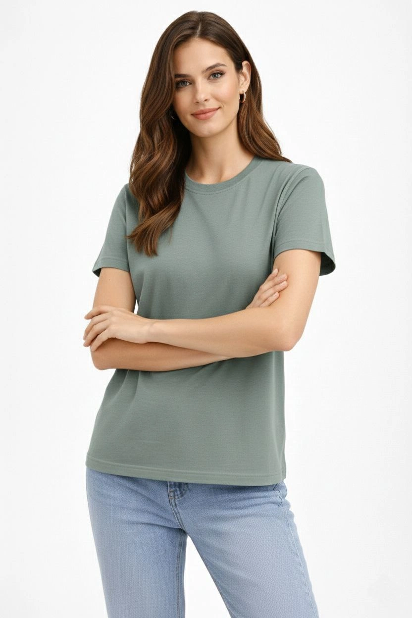 Kadın Bisiklet Yaka Tişört Regular Kalıp Basic Pamuklu Günlük Kullanım T-shirt - Mint Yeşili